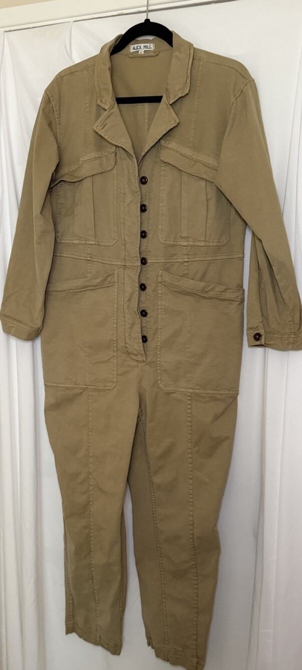 Alex Mill Button Front Utility Coverall Jumpsuit Khaki Large